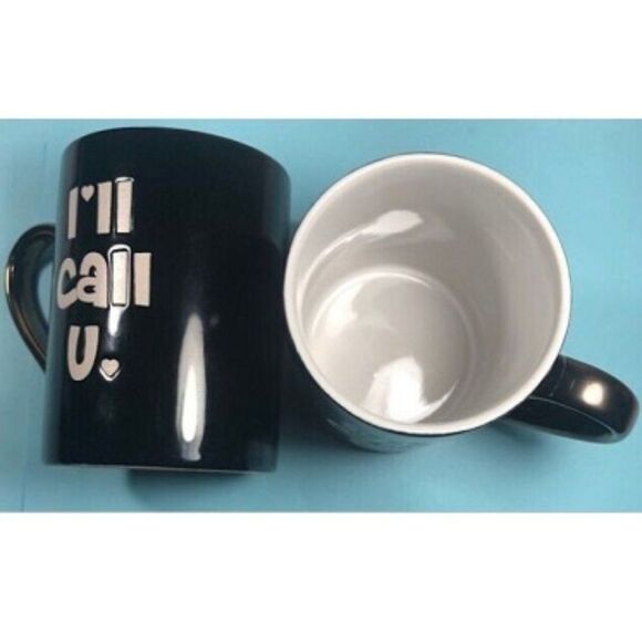 2- I'll call U❤ ,Maude Borup Coffee Tea, Cups -Black White Mug w/Gold Handle - Picture 2 of 3